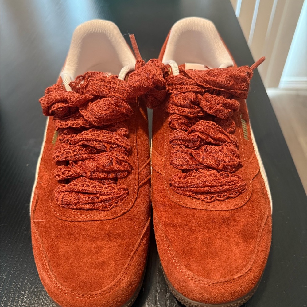 Rust Suede Puma Sneakers with Lace Detail